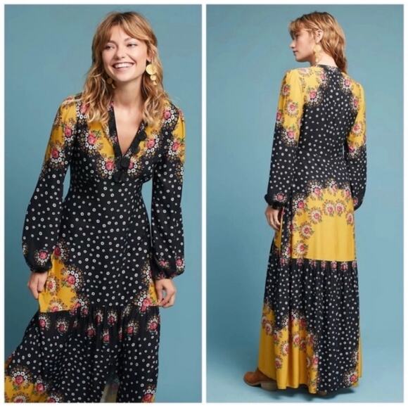 FARM Rio Dresses & Skirts - Farm Rio Color Blocked Floral Boho Maxi Fall Winter Dress Size Small Black